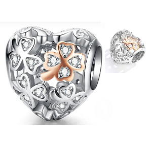 Charm Sterling silver 925 Beloved four-leaf clover for luck, bead heart on love bracelet