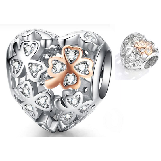 Charm Sterling silver 925 Beloved four-leaf clover for luck, bead heart on love bracelet