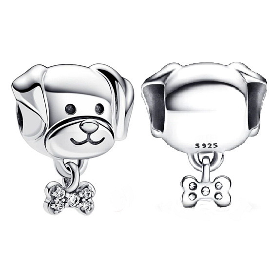 Charm Sterling silver 925 Dog with bone, bead on bracelet pet
