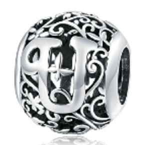 Sterling silver 925 Magic alphabet letter U with flowers, bead for bracelet