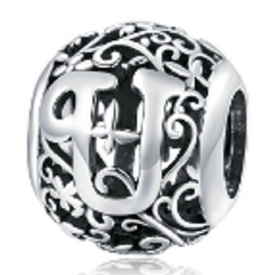 Sterling silver 925 Magic alphabet letter U with flowers, bead for bracelet