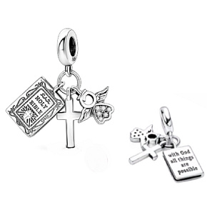 Sterling silver 925 Religious charms, First Communion, Baptism - Bible with God all things are possible, 3in1 pendant bracelet