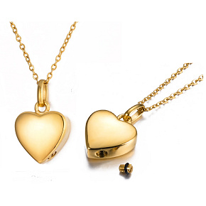 Commemorative urn pendant, Heart shiny gold, waterproof, stainless steel 19 x 29 mm + chain 50 cm