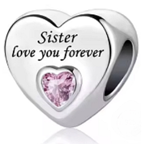 Charm Sterling Silver 925 Sister Loves You Forever Heart, Bead for Family Bracelet
