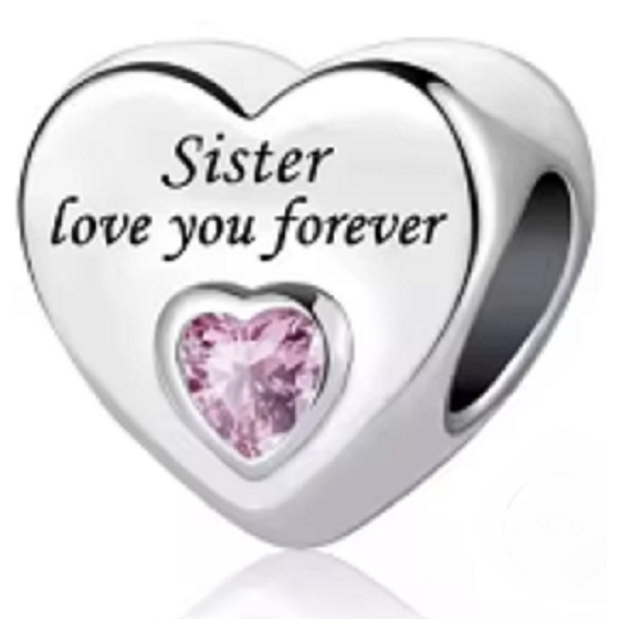Charm Sterling Silver 925 Sister Loves You Forever Heart, Bead for Family Bracelet