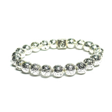 Lava silver color plated with royal mantra Om, bracelet elastic natural stone, ball 8 mm / 16-17 cm, born of the four elements