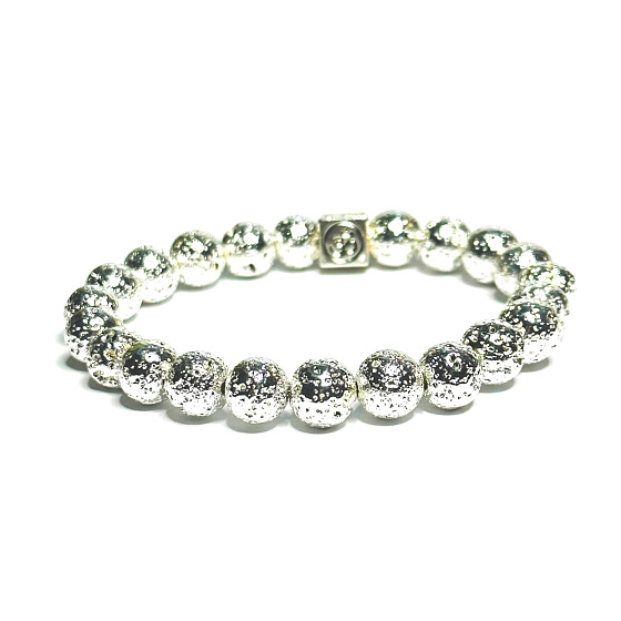 Lava silver color plated with royal mantra Om, bracelet elastic natural stone, ball 8 mm / 16-17 cm, born of the four elements