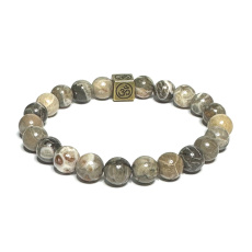 Celestine, chrysanthemum with royal mantra Ohm bracelet elastic natural stone, ball 8 mm / 16 - 17 cm