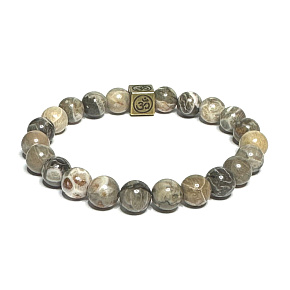 Celestine, chrysanthemum with royal mantra Ohm bracelet elastic natural stone, ball 8 mm / 16 - 17 cm Celestine, chrysanthemum with royal mantra Ohm bracelet elastic natural stone, ball 8 mm / 16 - 17 cm