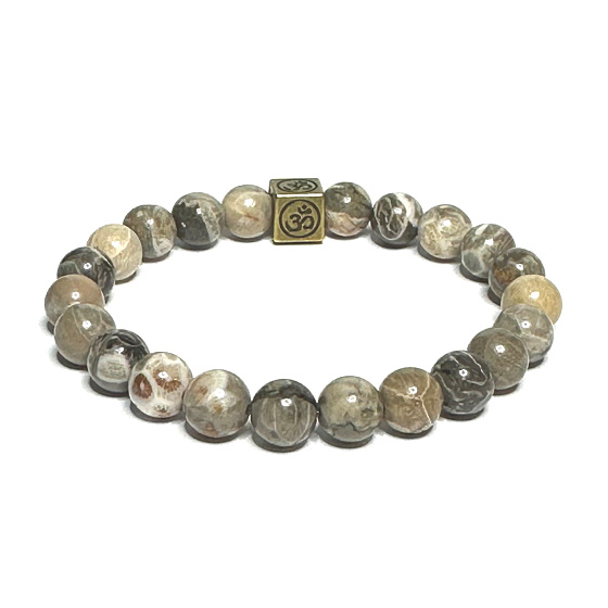 Celestine, chrysanthemum with royal mantra Ohm bracelet elastic natural stone, ball 8 mm / 16 - 17 cm