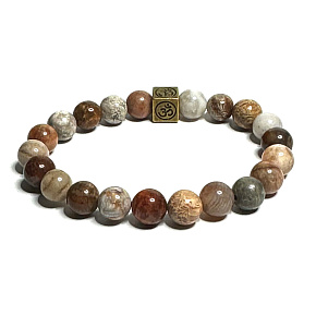Coral fossil with royal mantra bracelet elastic natural, ball 8 mm / 16 - 17 cm