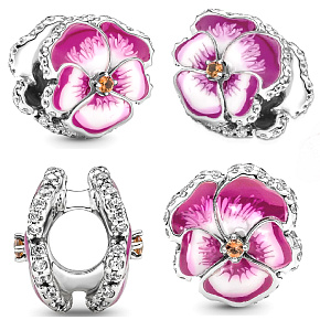 Charm Sterling silver 925 Pink pansy, bead on bracelet nature