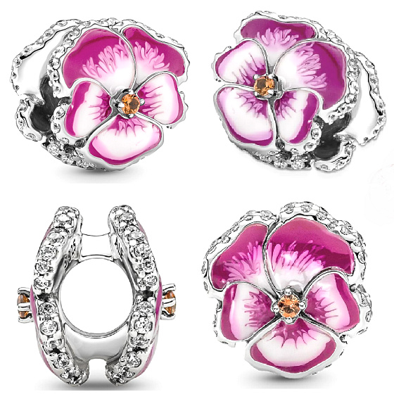 Charm Sterling silver 925 Pink pansy, bead on bracelet nature