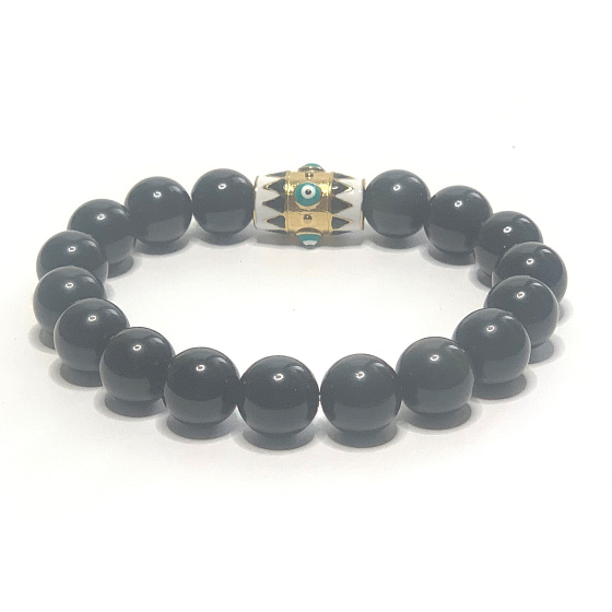 Obsidian + Blue Eye Bracelet elastic natural stone, ball 10 mm / 16-17 cm, rescue stone