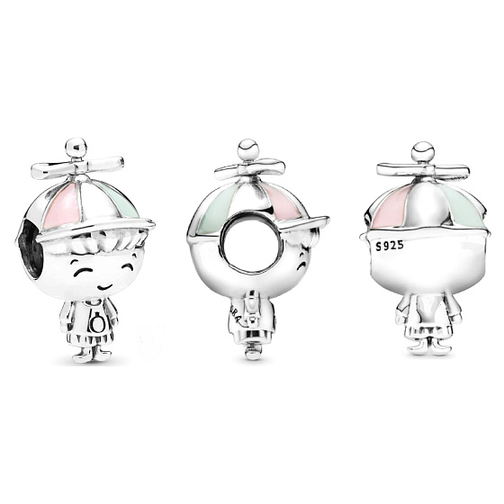 Charm Sterling silver 925 Boy with propeller on hat, bead on bracelet, family
