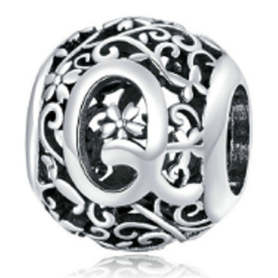 Sterling silver 925 Magic alphabet letter Q with flowers, bead for bracelet