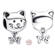 Charm Sterling silver 925 Cat and bow, bead on bracelet pet