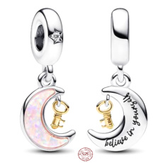 Charm Sterling silver 925 moon and key, cubic zirconia, pink opal created in the laboratory, bracelet pendant universe