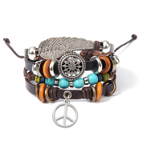 Leather multi-layered bracelet, angel wing + Hippies symbol, adjustable size