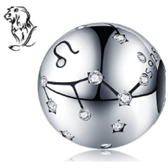 Leo zodiac sign, pendant for bracelet silver + cubic zirconia, ball 9 mm 1 piece