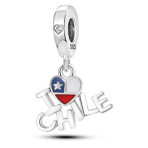 Charm Sterling Silver 925 Chilean Flag Heart - I Love Chile, 2-in-1 Travel Bracelet Pendant