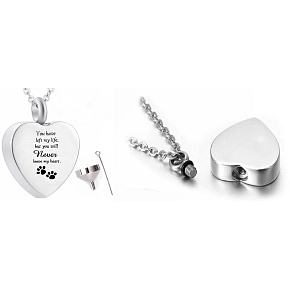 Commemorative urn pendant, Heart with paws waterproof, stainless steel 20 x 25 mm + chain 50 cm