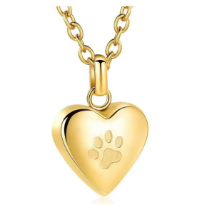 Pamětní, pietní urnový přívěsek, Srdce lesklé zlaté tlapka, voděodolné, nerezová ocel 19 x 18 mm + řetízek 55 cm