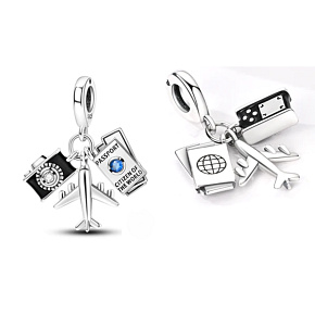 Charm Sterling Silver 925 Passport, Airplane, Camera 3in1, Travel Bracelet Pendant