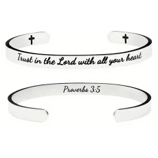 Stainless steel bracelet silver with engraving Believe in God..., open cuff, 6 mm