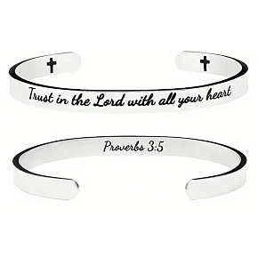 Stainless steel bracelet silver with engraving Believe in God..., open cuff, 6 mm