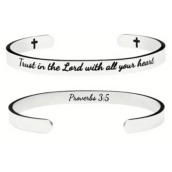 Stainless steel bracelet silver with engraving Believe in God..., open cuff, 6 mm