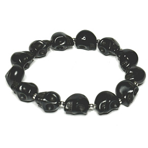 Magnesite / Howlite black Skull hand carved, bracelet elastic natural stone 10 mm / 16 - 17 cm, cleansing stone