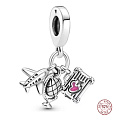 Sterling silver 925 Around the world, plane, globe and suitcase, 3in1 travel bracelet pendant