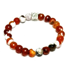 Agate fire lace facet with royal mantra Ohm bracelet elastic natural stone, ball 8 mm / 16 - 17 cm