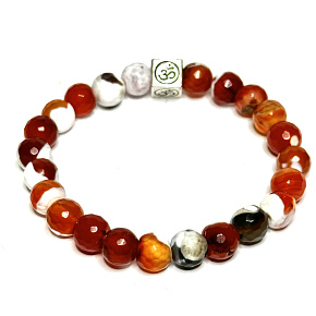 Agate fire lace facet with royal mantra Ohm bracelet elastic natural stone, ball 8 mm / 16 - 17 cm