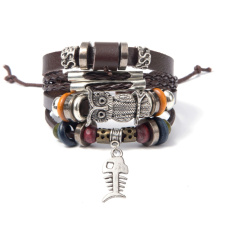 Leather multi-layer bracelet, owl + fish symbol, adjustable size