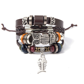 Leather multi-layer bracelet, owl + fish symbol, adjustable size Leather multi-layer bracelet, owl + fish symbol, adjustable size