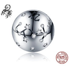Scorpio zodiac sign, pendant for bracelet silver + cubic zirconia, ball 9 mm 1 piece