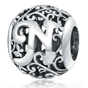 Sterling silver 925 Magic alphabet letter N with flowers, bead for bracelet