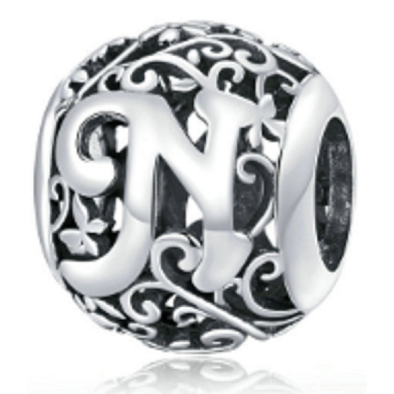 Sterling silver 925 Magic alphabet letter N with flowers, bead for bracelet