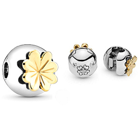 Charm Sterling silver 925 Shiny four-leaf clover for luck, stopper, clip bead for bracelet nature