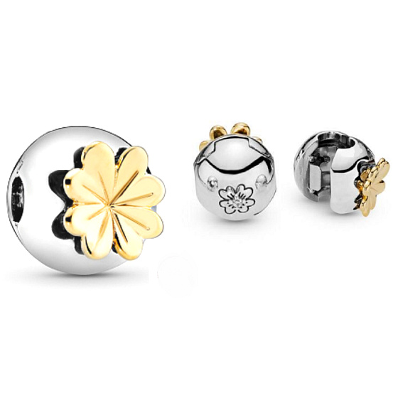 Charm Sterling silver 925 Shiny four-leaf clover for luck, stopper, clip bead for bracelet nature