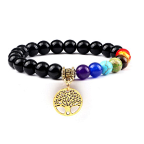 Chakra bracelet elastic Tree of Life + Obsidian, natural stone, bead 8 mm / 16-17 cm, stone of salvation