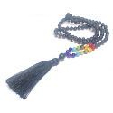 108 Mala 7 chakra necklace, Onyx meditation jewellery, natural stone knotted, elastic, tassel 8 cm, bead 6 mm