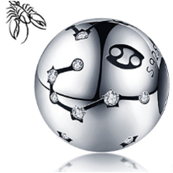 Cancer zodiac sign, pendant for bracelet silver + cubic zirconia, ball 9 mm 1 piece