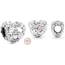 Charm Sterling silver 925 Heart with daisies for mom, bead on bracelet family