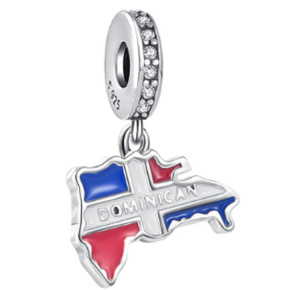 Charm Sterling Silver 925 Dominican Republic Flag - Swinging Map, Travel Bracelet Pendant