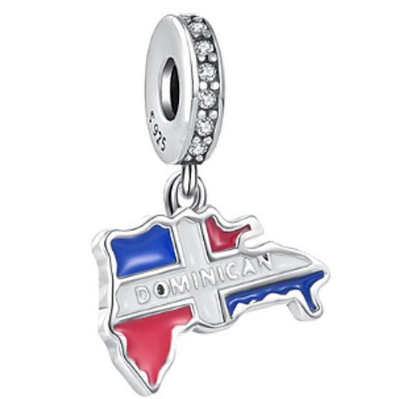 Charm Sterling Silver 925 Dominican Republic Flag - Swinging Map, Travel Bracelet Pendant