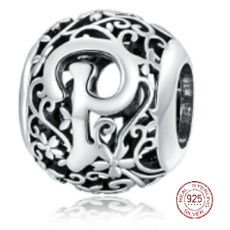 Sterling silver 925 Magic alphabet letter P with flowers, bead for bracelet
