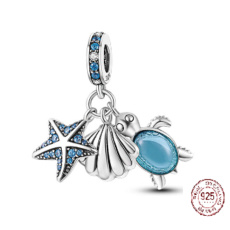 Charm Sterling Silver 925 Sea Turtle, Starfish, and Shell 3-in-1, Bracelet Pendant Sea
